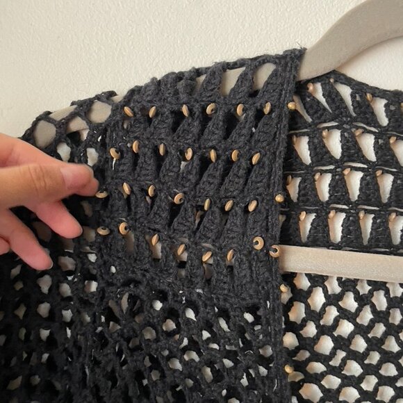 Hearts of Palm Top L Black Crochet Tie Front 3/4 Sleeves Beach Cover Up - Picture 7 of 8